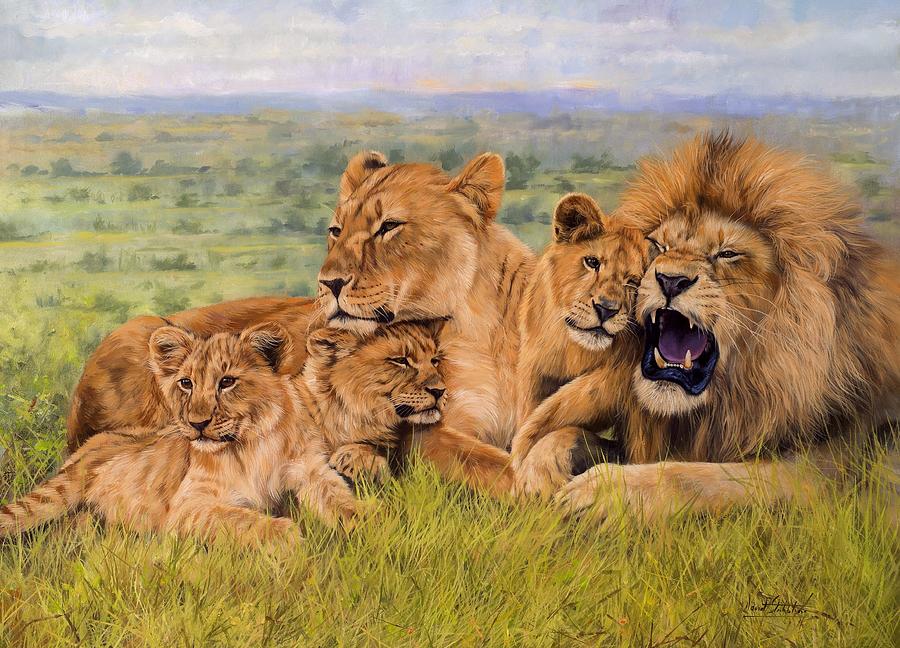 famiglia di leoni con cuccioli nella savana in sudafrica